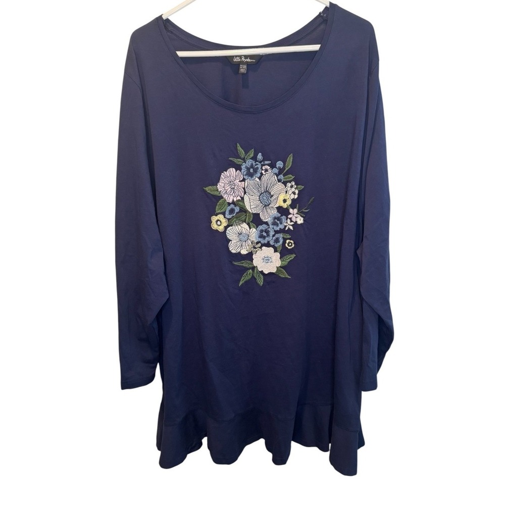 Ulla Popken Women Navy Blue Floral Embroidered Ruffle Hem Tunic Top 36/38